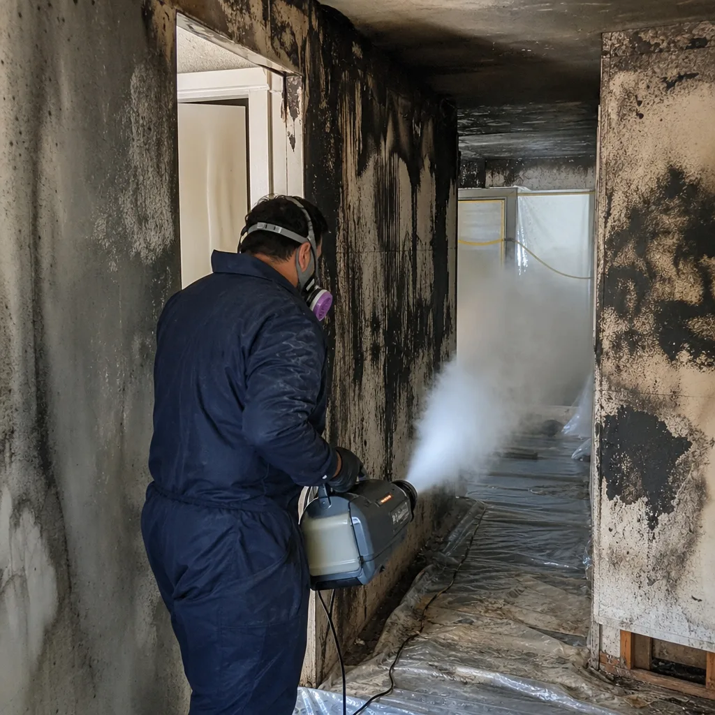 Technician performing fire and smoke damage restoration with a professional fogger.