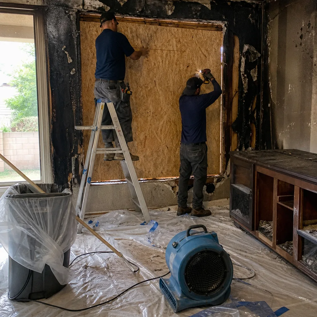 Technicians performing fire and smoke damage restoration on a residential home