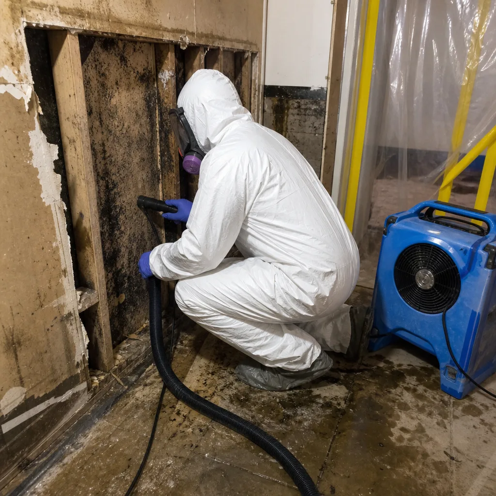 Technician in protective suit performing professional mold remediation on interior wall