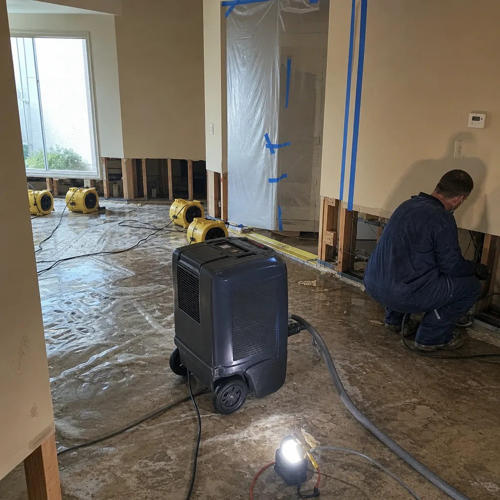 Water damage restoration technician using industrial drying equipment in a home