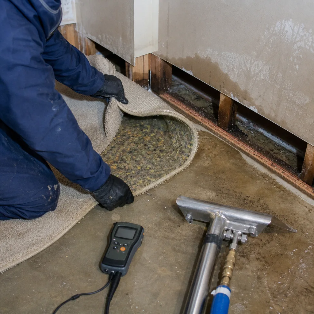 Technician performing water damage restoration and moisture inspection on carpeted flooring