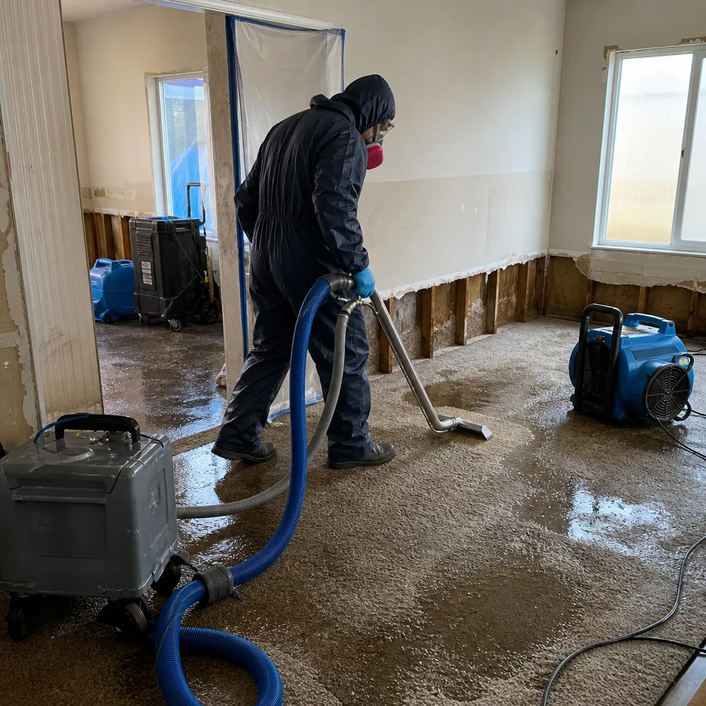 Water damage restoration professional extracting water from flooded carpet